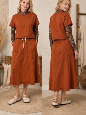Rust Orange Drawstring Midi Skirt - Women
